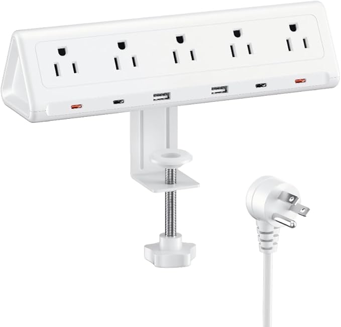 10 FT Desk Clamp Power Strip with 5 AC Outlets & 6 USB Ports PD 40W USB-C Fast Charging, Extension Cord with Multiple Outlets