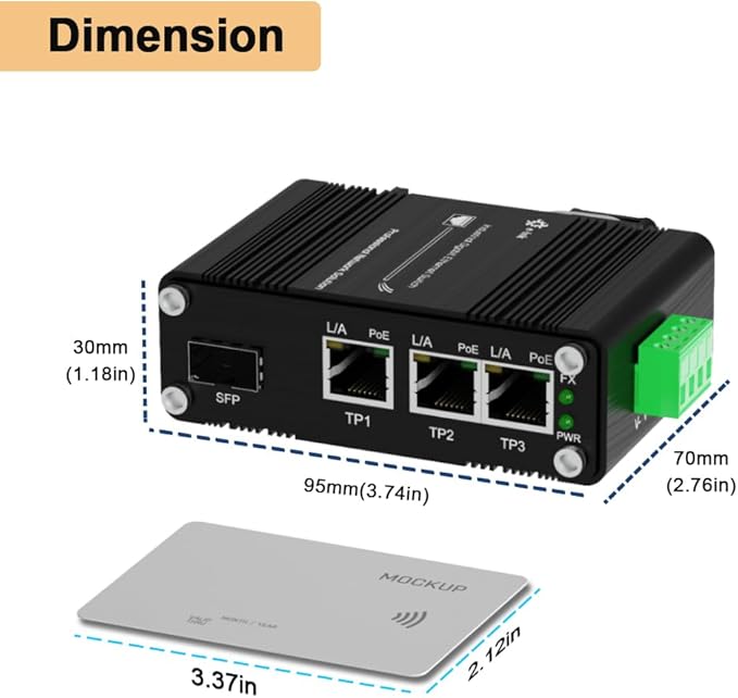 Mini Throncom 4 Ports Gigabit Industrial Fiber Ethernet Solar PoE Switch Hardened with 100/1000M Adaptive SFP Din Rail/Wall Mount VoIP/RV Truck Boost Voltage 9-58V to 48V Max 90W LNK-IMC103GP-SFP