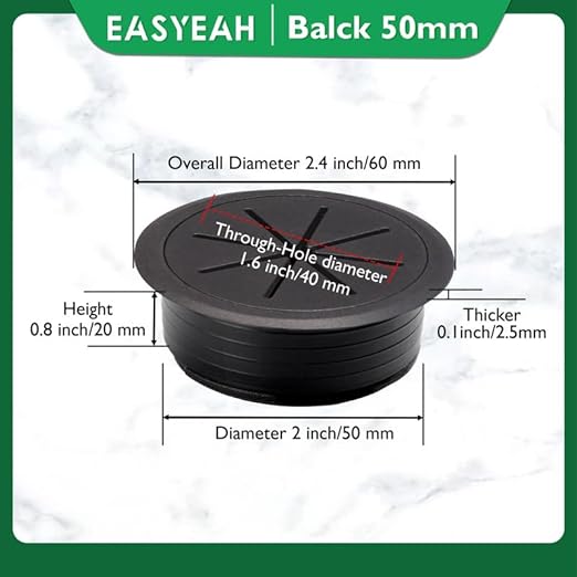 5 Pcs Desk Grommet 2" / 50 mm, Desk Hole Cover for Cables Black, Cable Grommet ABS Plastic, Desk Hole Grommet for Home & Office Pc, Detachable Cable Cord Organizer