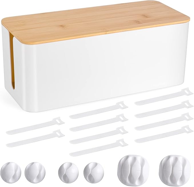 Cable Management Box - Wooden Style Large Cord Organizer Box to Hide Wires & Power Strips | Desk Computer Cable Organizer Box | Safe ABS Material |16" (L) x 6.2" (W) 5.3" (H)|for Home & Office - White