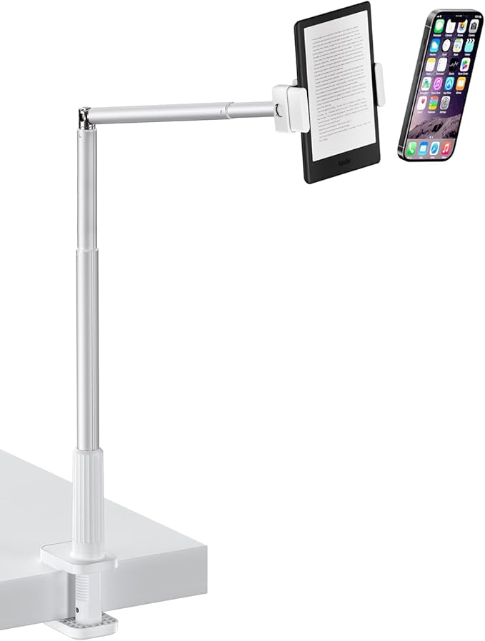 Viozon Tablet Holder Stand, Phone/Kindle Holder with Flexible Aluminum Alloy Long Arm, C Clamp for Headboard Bedside&Table, Compatible with 3.5-11" iPad,Kindle, iPhone 15 14 Plus/Pro Max