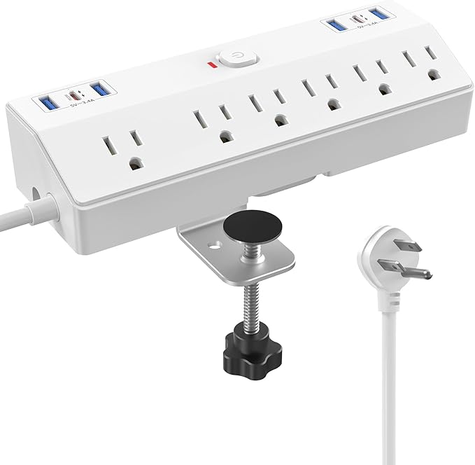 40W Fast Charging Station, Desk Clamp Power Strip 10FT Extension Cord, JXGUCAT Removable Desk Mount Flat Plug Power Strip Surge Protector, 2 USB-C Ports, 6 Outlets, Fits 1.8" Tabletop Edge