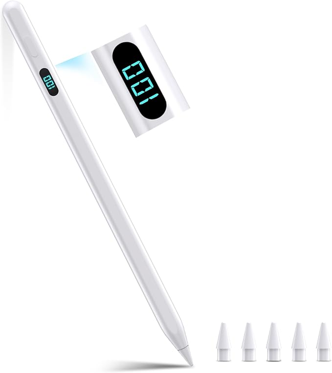 iPad Stylus Pencil(5 Extra Tips) with Magnetic Attachment,USB-C Faster Charge,Tilt Sensitivity Palm Rejection,Compatible with2018-2025 iPad ProM4/12.9/11,Air M3/M2/3/4/5,iPad6-11,Mini5/6/7Gen(White)