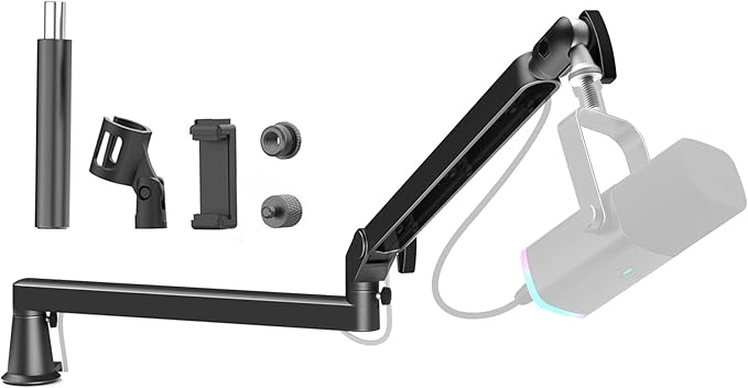 Prizmora Low Profile Mic Arm 15cm Extra Riser Adjustable Mic Boom Arm Metal Desk Mounted Microphone Stand Cable Management Flexible Microphone Holder for Podcast Streaming Gaming Desktop