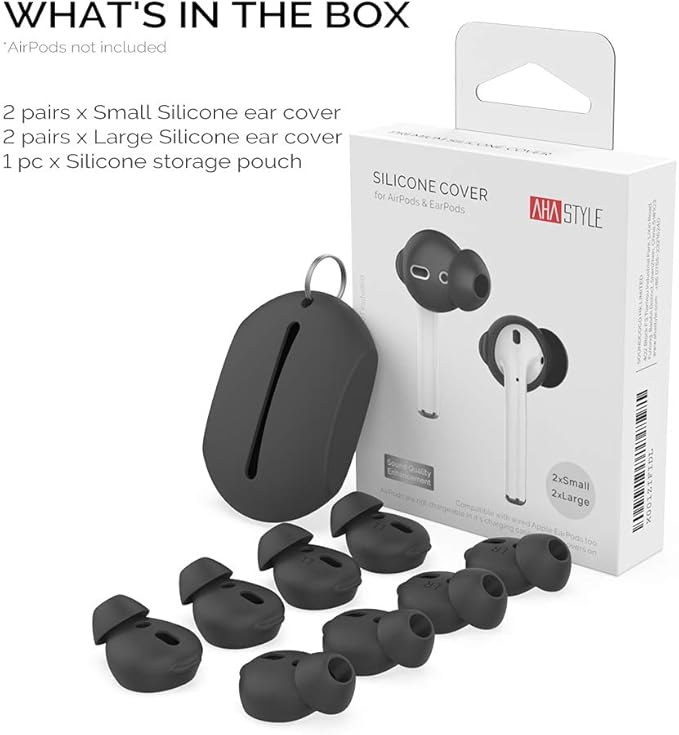 AhaStyle 4 Pairs AirPods Ear Tips Silicone Earbuds Cover Compatible with Apple AirPods (2 Pair Large & 2 Pairs Small, Black)