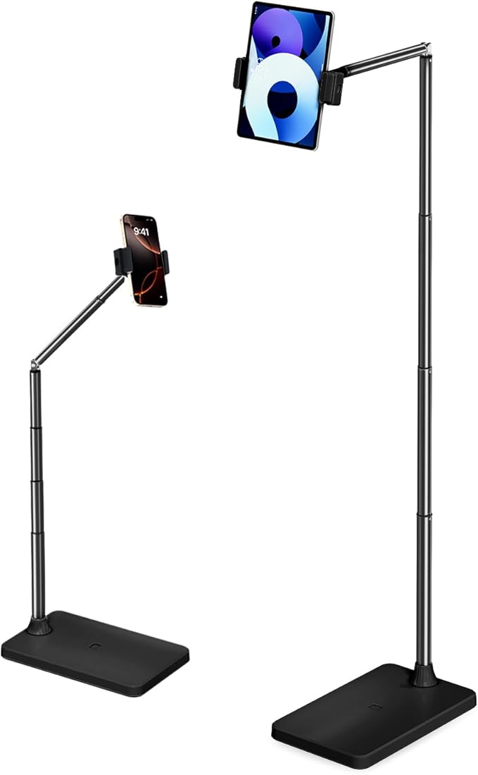 SupeDesk Tablet Floor Stand, Adjustable iPad Holder for Bed & Sofa - 360° Rotating Long Arm, Height Adjustable from 13.5" to 60.3", Sturdy Metal Base for iPad, Tablet, Phone (4-13 Inch)