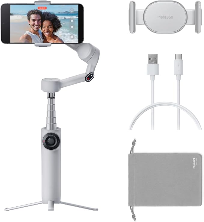 Insta360 Flow 2 White - Foldable AI Gimbal for iPhone, AI Tracking, Multi-Person Tracking, Built-in Tripod/Selfie Stick, Remote Control, iPhone/Android Portable Stabilizer