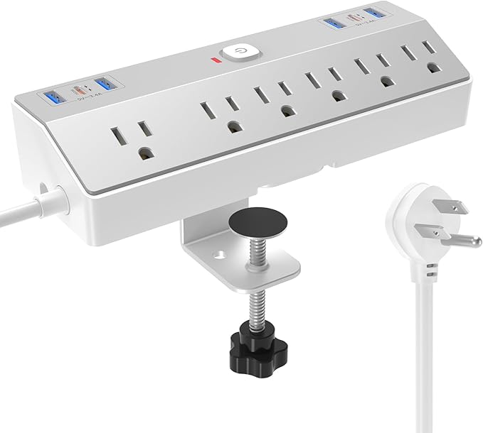 40W Fast Charging Station, Desk Clamp Power Strip 10FT Extension Cord, JXGUCAT Removable Desk Mount Flat Plug Power Strip Surge Protector, 2 USB-C Ports, 6 Outlets, Fits 1.8" Tabletop Edge