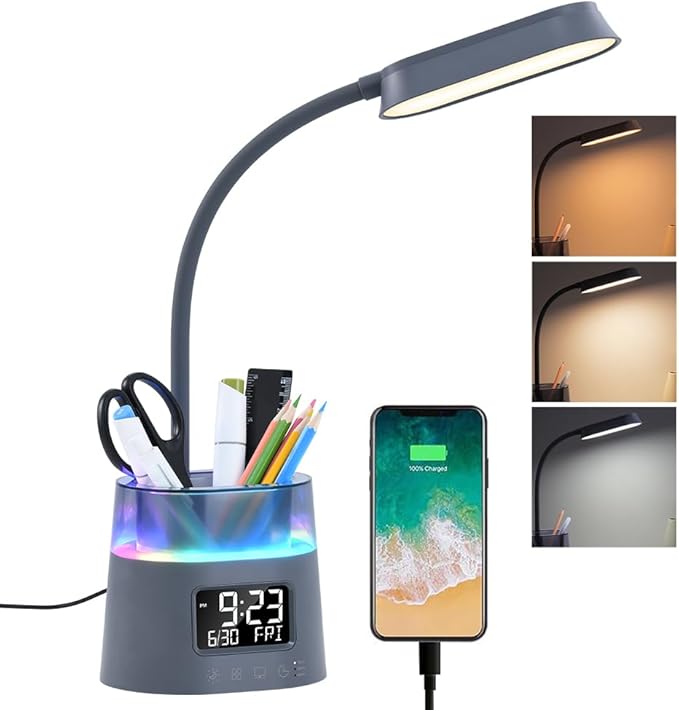 WILIT LED Desk Lamps for Home Office with Pen Holder, Table Lamp for Bedroom with USB Charging Port & Clock, RGB Night Light, Study Lamp for Kids Girls, Desk Light for College Dorm Room Essentials