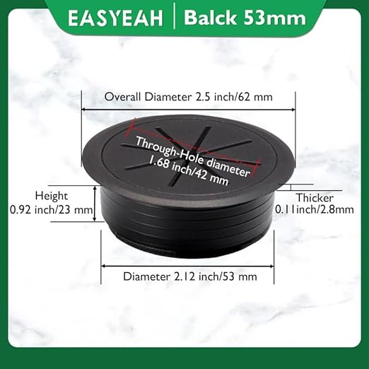 2 Pcs Desk Grommet 2-1/16" / 53 mm, Desk Hole Cover for Cables Black, Cable Grommet ABS Plastic, Desk Hole Grommet for Home & Office Pc, Detachable Cable Cord Organizer
