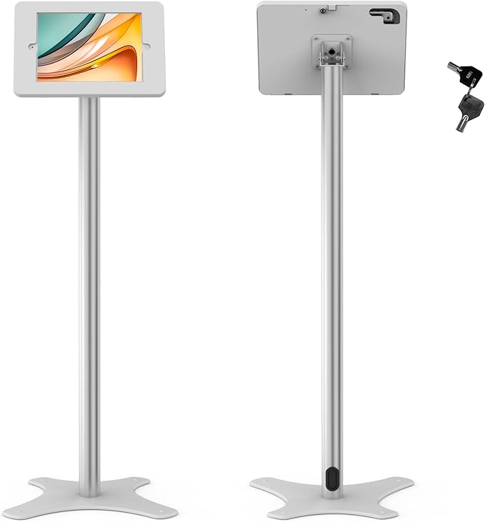 Beelta Tablet Floor Stand Compatible with 10.2" iPad 7 8 9, Rotate Lockable Metal Tablet Enclosure+Aluminum Pole+Metal Base - BSF302BT