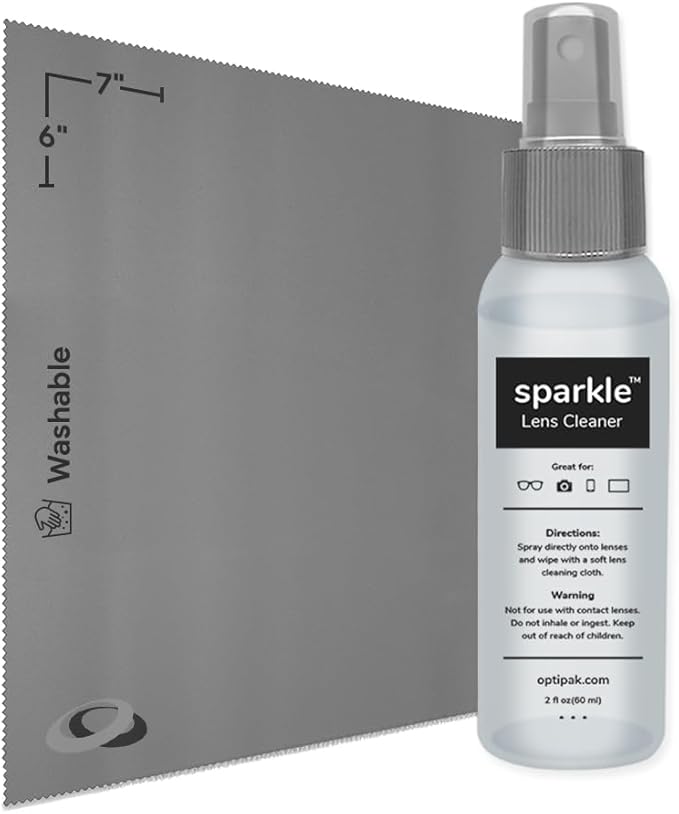 OPTIPAK Sparkle Anti-Reflective Lens Cleaner Spray kit | (1) 1oz Glasses Cleaner Spray + (1) Microfiber Cloth for Eyeglasses, Sunglasses, Lenses, Screens and Camera Cleaning Kit (2 Piece Set)