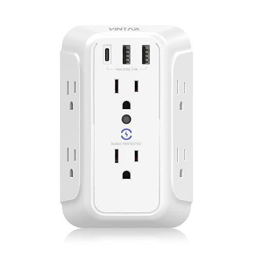 VINTAR 2 Pack Outlet Extender, 6 Outlets Wall Plug with 3 USB(2 USB C,3.4A)