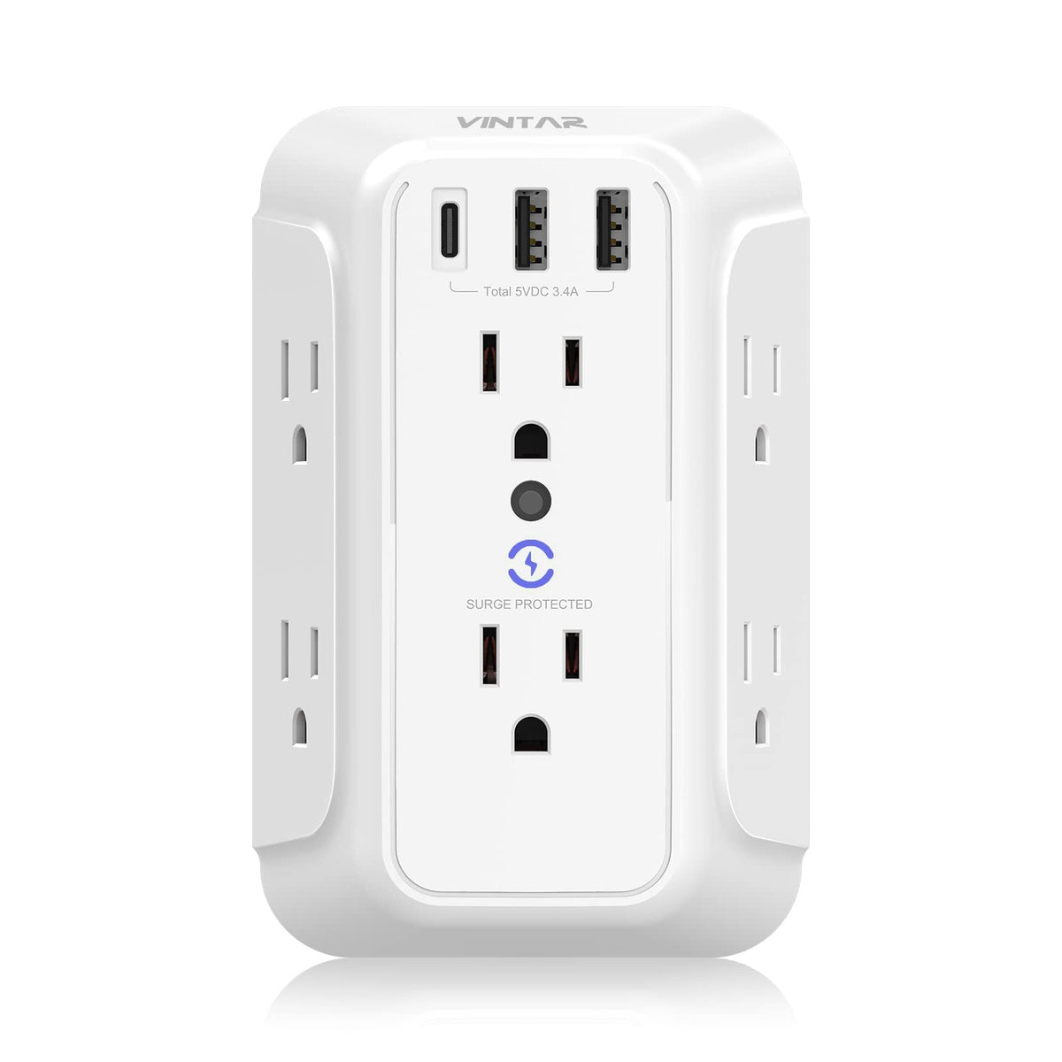 VINTAR Outlet Extender, 6 Outlets Wall Charger with 3 USB(1 USB C,3.4A)