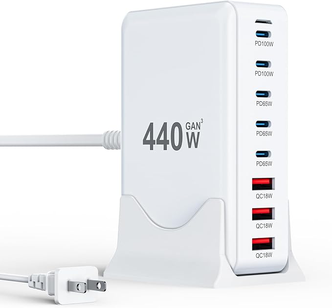 BODSEIEOU USB C Charger Block 440W Charging Station Hub,8 Port GaN III Fast Charging Brick with 5ft Extension Cord,PD PPS 100W Laptop Power Adapter for MacBook Pro/Air,iPhone 17/16,Samsung Galaxy,Dell