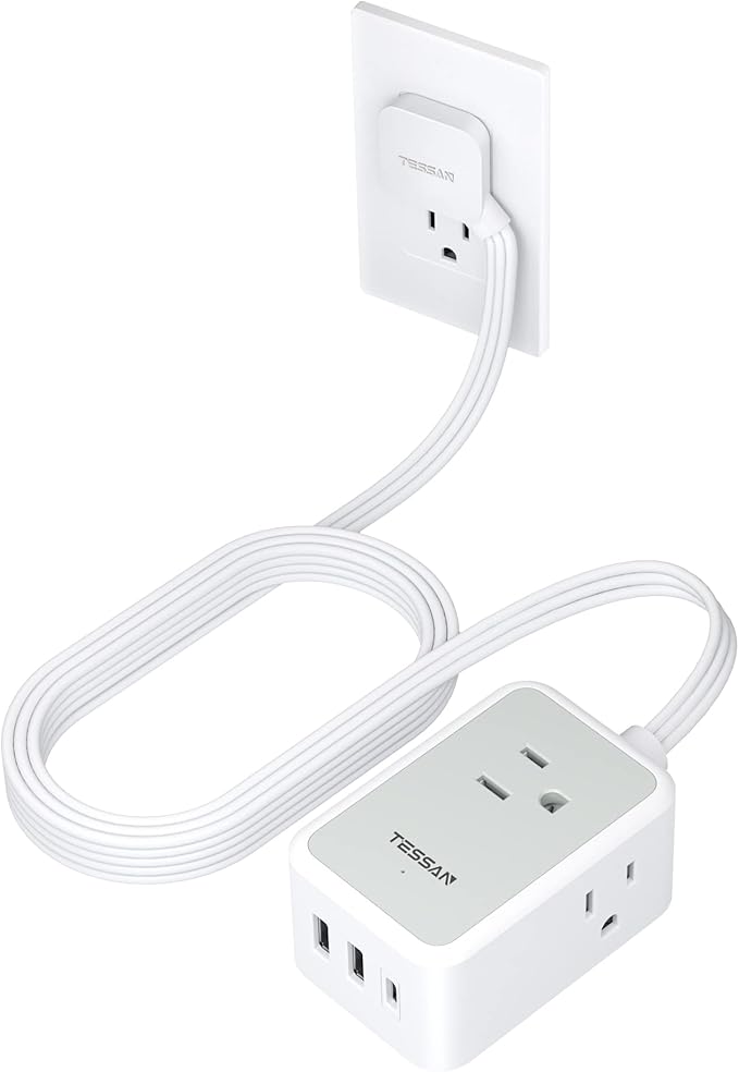 TESSAN Double Ended Flat Plug Power Strip, Twin Extension Cord 12 FT, Grey