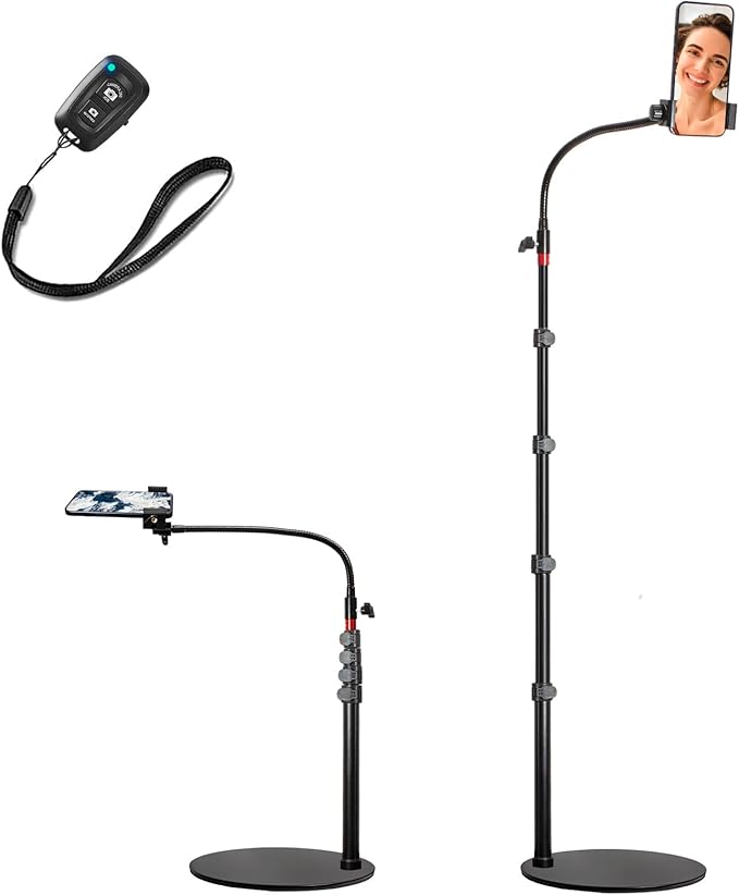 Tall Video Cell Phone Mount with Height Adjustable Stand, Heavy Base, 360 Head - Compatible with iPhone 16, 16 Pro Max, 16 Plus, 15, 14, 13