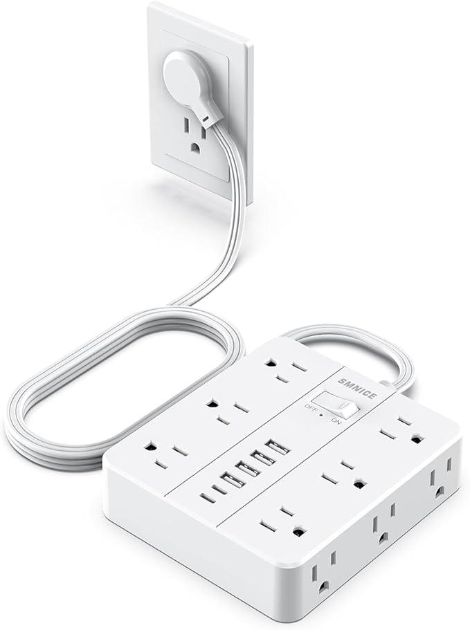 Power Strip Flat Plug with 12 Outlets 6 USB(2 USB C),SMNICE Power Strip Charging Station with Overload Protection,5ft Extension Cord Widely Spaced Multiple Outlets for Home Office Dorm Essentials