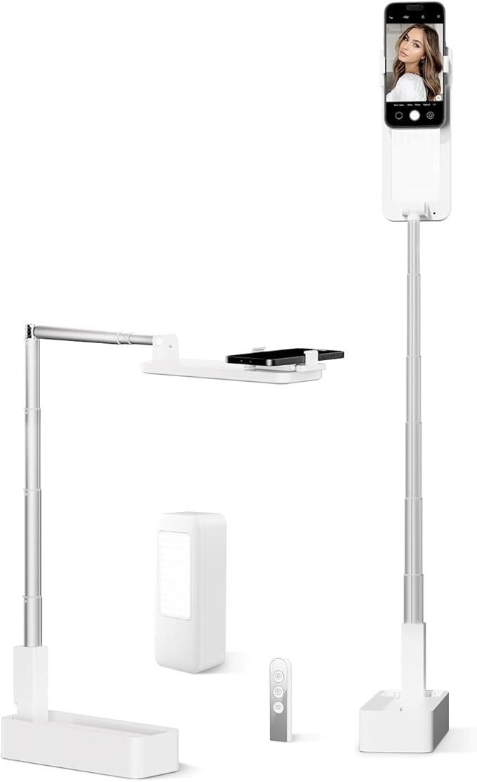 SupeDesk Phone Stand for Recording, Overhead Phone Mount with Light, Selfie Stand,Portable,Extendable,360° Rotate,Adjustable,Wireless Remote,Rechargeable, for 3.5-6.9" Phones, Live Streaming