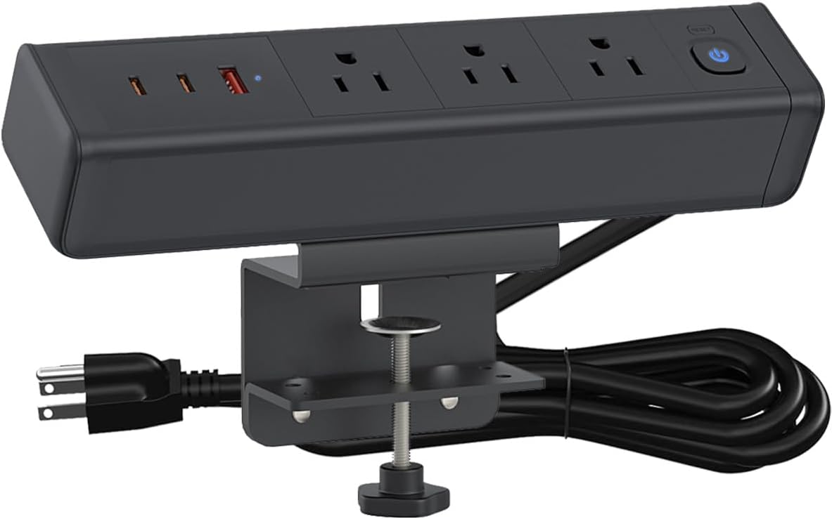 Desk Clamp Power Strip 4 USB-C&2USB-A,3 AC Outlet for Home&Office