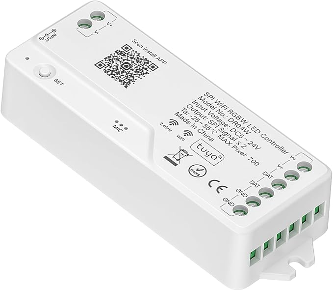 BTF-LIGHTING 2.4G WiFi DR04W SPI RGBW Controller RC03RF RF Remote Tuya APP/Smart Life/Google Home/Alexa Control Support SK6812RGBW SMD/FCOB WS2814 IC etc Addressable RGB+W LED Strip STA Mode