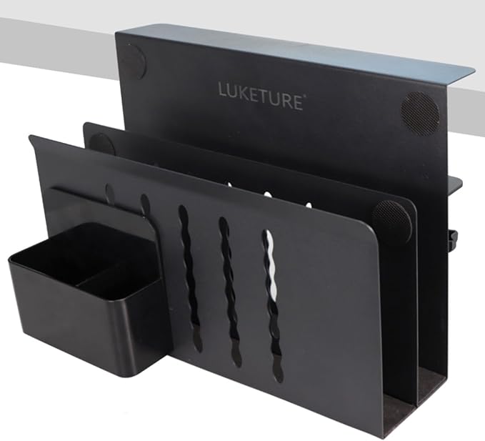 LUKETURE 2 Tier Desk Side Storage, No Drill Laptop Mount with Pen Holder