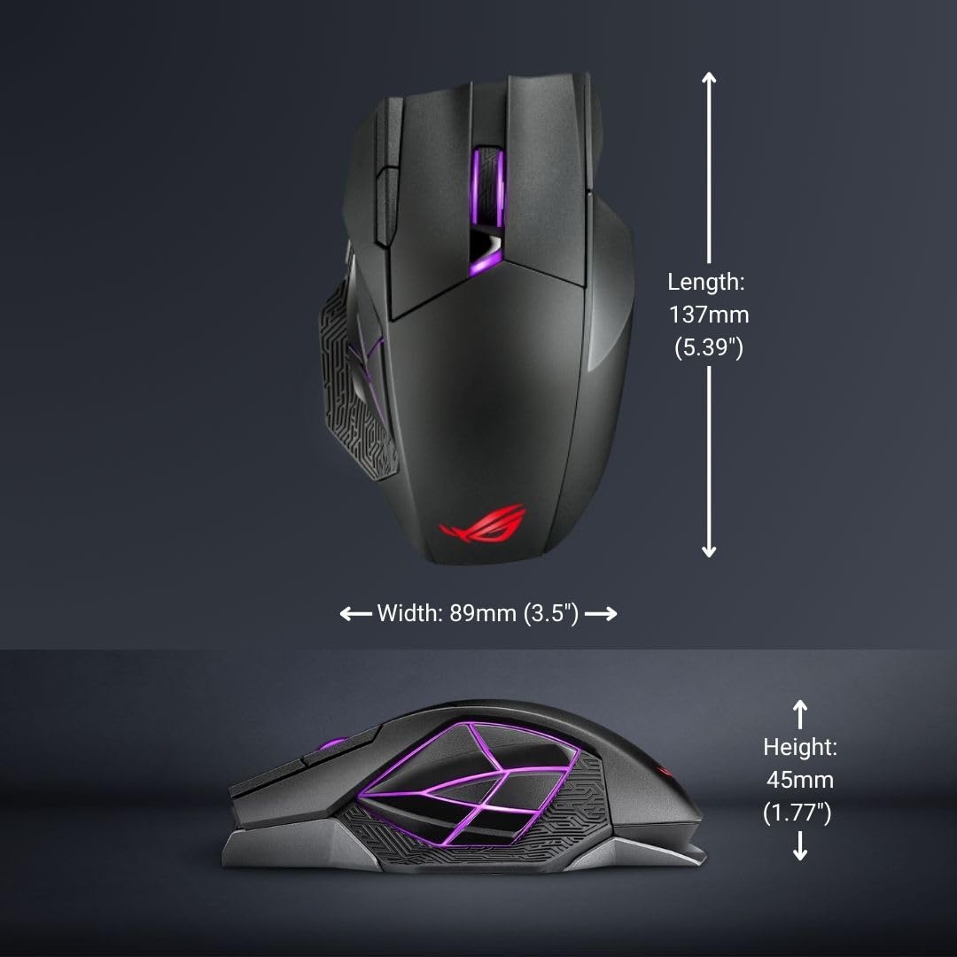 ASUS ROG Spatha X Wireless Gaming Mouse – MMO/MOBA Design, 12 Programmable Buttons, Right-Handed, 168g, Dual-Mode (Wired/2.4GHz), 19K DPI, up to 67Hr Battery, Magnetic Charging Dock, PC/Mac Support
