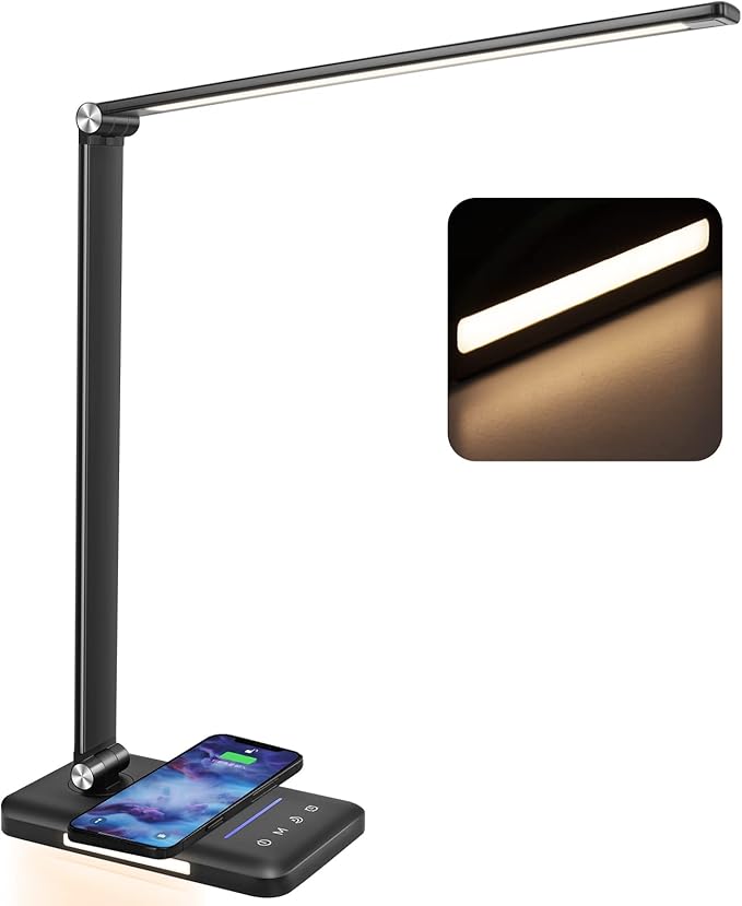 JOSTIC LED Desk Lamp with Wireless Charger, USB Charging Port, Desk Light with 10 Brightness, 5 Color Modes, Dimmable Eye Caring Reading Desk Lamps for Home Office, Touch Control, Auto Timer