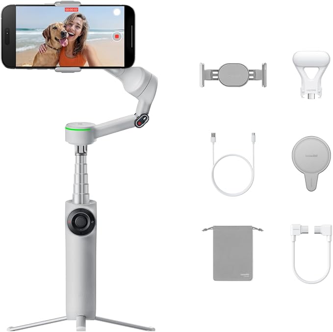 Insta360 Flow 2 Pro AI Tracker Bundle White - Industry-First AI Phone Gimbal with Apple DockKit, Pioneering 360º Pan Tracking, Free Tilt, Built-in Tripod/Selfie Stick, Portable Vlog/Travel Stabilizer