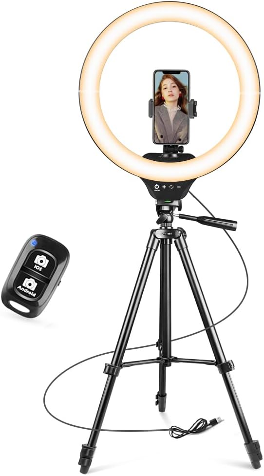 Sensyne Ring Light with Stand, 50" Phone Tripod for iPhone & Android, LED Ring Light with Remote, 3 Color Modes & 10 Brightness Levels for TikTok, Zoom & Video Recording