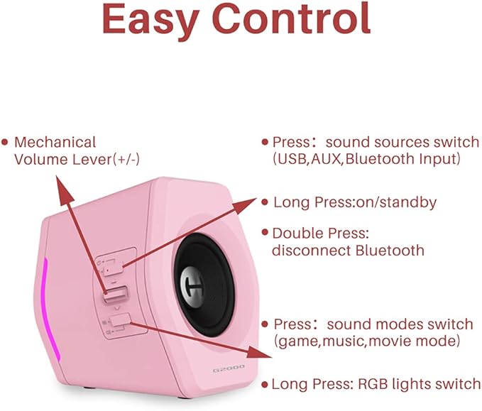 Edifier G2000 32W PC Computer Speakers for Gaming Desktop PC Laptop Mac Computer Woofer Speakers Bluetooth USB 3.5mm AUX Inputs RGB Lights Multimedia Speakers Pink