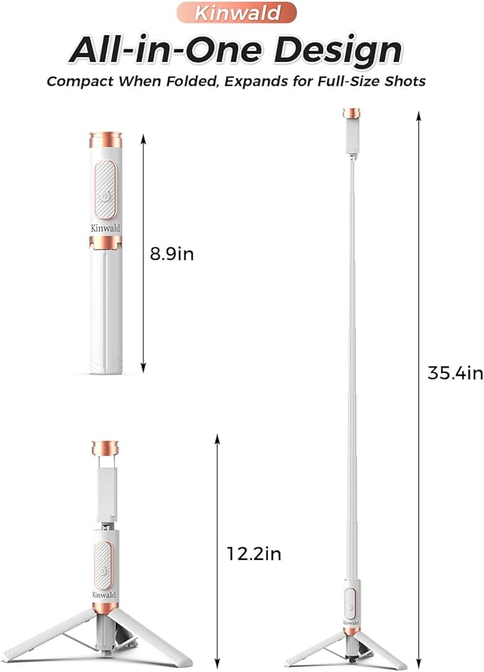 Selfie Stick Tripod for iPhone & Android, Portable Phone Tripod Stand with Bluetooth Remote, One-Click Open, Compact & Lightweight, All-in-1 for Vlog/Travel/Photography (White)