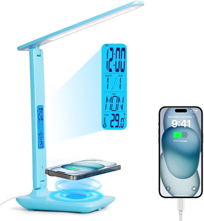 wanjiaone Multifunctional LED Desk Lamp with Wireless Charger,USB Charging Port,Clock,Phone Holder,Desk Lamps for Home Office,Eye-Caring Reading Lamp,Study Lamp for Boys,Girls,Teens