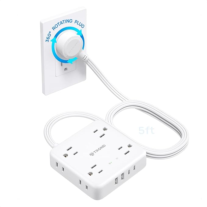 TROND 360° Rotating Flat Plug Power Strip 10ft, 8 AC & 4 USB (2U2C)