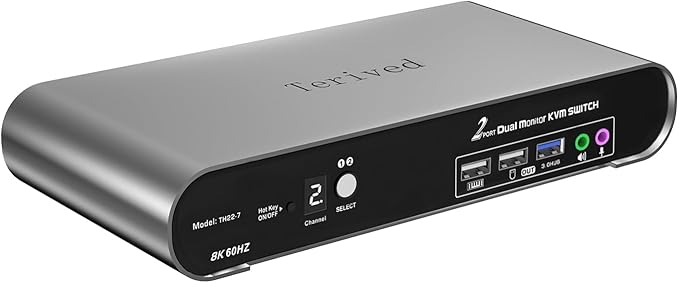 Terived 2 Computers 2 HDMI Monitor Automatic KVM Switch 8K@60Hz, Hotkey Switching, EDID, Support 5.1/7.1 Audio and Microphone, Aluminum Shell with Digital Display, USB 3.0 Hub, HDR10 with Cables