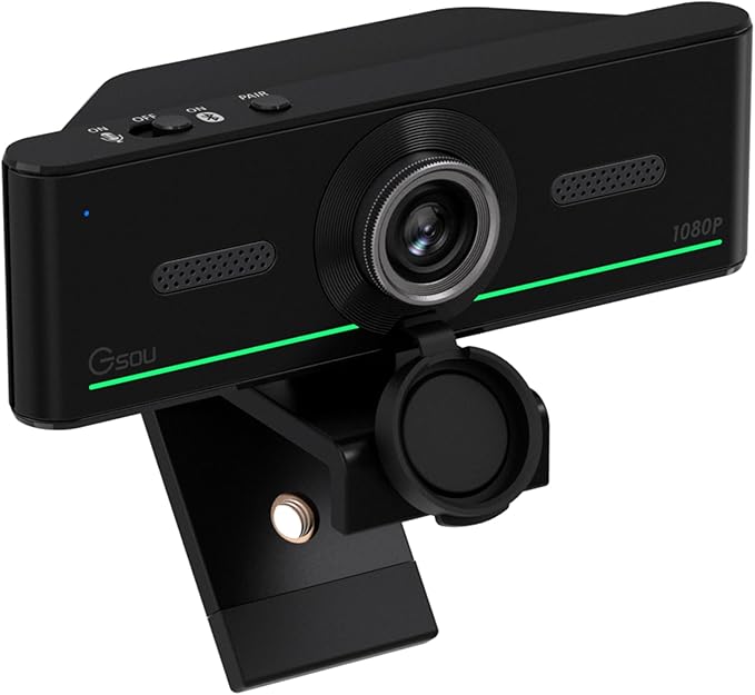 Gsou 1080P Webcam with Microphone for Desktop, Auto Light Correction,Privacy Cover, Computer Webcam Connect Bluetooth Headset/Earphone/Speaker, Bluetooth only for Audio