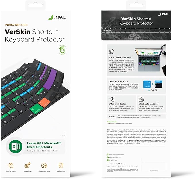 JCPal Microsoft Excel Shortcut Guide Keyboard Cover for Apple MacBook Pro 14 inch and MacBook Pro 16 inch (M1-M4 Models) and MacBook Air 13 inch and MacBook Air 15 inch (M2-M4 Models) (US-Layout)
