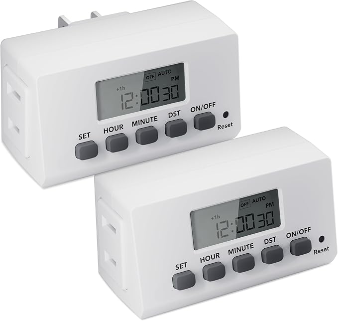 BN-LINK Indoor Digital Light Timer, 7 Day Programmable Plug with 2 Independent 3-Prong Outlets, for Lamps, Fans, 2 On/Off Settings, 15A/1875W, ETL Listed