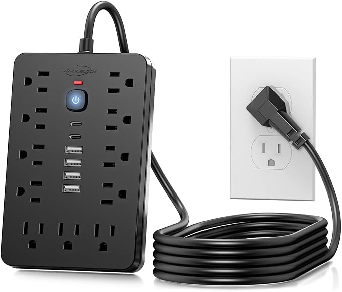JouleLoom 10 FT Flat Plug Power Strip,11 Multiple AC Outlets with 6 USB Ports (2 USB C), 6 Feet Extension Cord, 1250W/10A, One Touch Switch Button, White