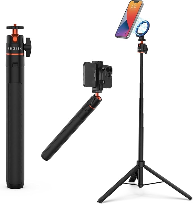 PHOPIK Extendable Tripod Stand - 55" Phone Tripod with 360 Panorama, Shutter-Video, 1/4" Mounting Screw for iPhone/Android/Sport Camera&Insta360 x5 - White