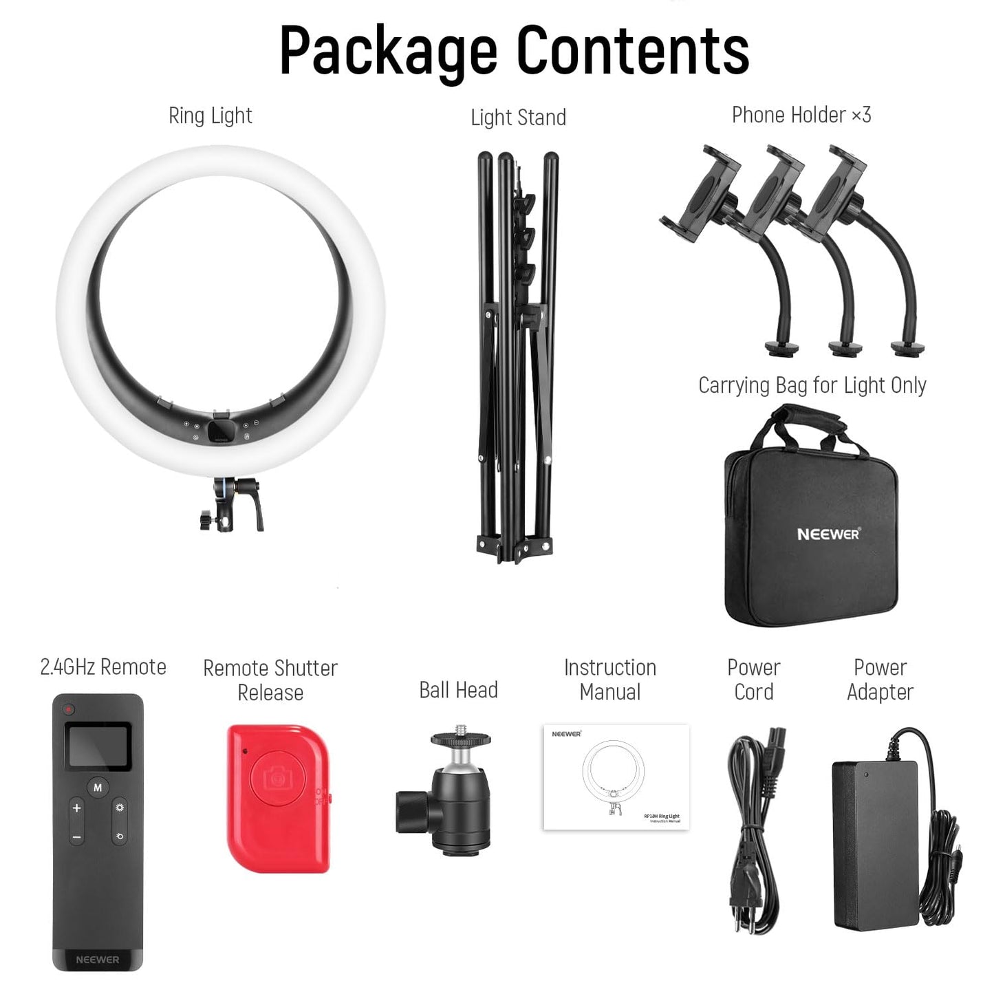 NEEWER 19 inch Ring Light with Stand, 3 Phone Holders and Mini Ball Head, Upgraded 2.4G & Touch Control, Smooth Dimming at 1%, 3200K-5600K for Selfie TikTok Live Streaming Video Recording Zoom, RP19H
