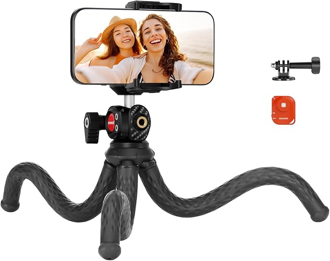 NEEWER Flexible Tripod with Remote, Mini Phone Tripod Stand Vlog Selfie Stick with Hidden Phone Holder&Action Camera Adapter Universal Compatible with iPhone GoPro Hero13 12 11 10 Samsung Camera