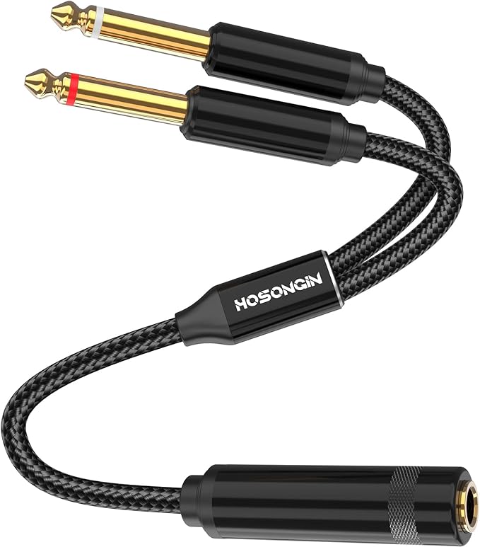 HOSONGIN 1/4" Splitter Cable, TRS to Dual 1/4" TRS Stereo Y Adapter, Gold-Plated Connectors, High-Fidelity Sound, Durable Aluminum Alloy Shell for Studio, DJ, Headphones, Live Sound Systems - 1.6Ft