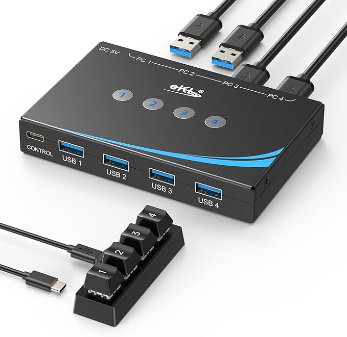 eKL USB 3.0 Switch 4 Computers Share 4 USB 3.0 Ports USB Switcher for PC Laptop Mouse Keyboard Scanner Printer One Button Switch with 3.5mm Headphone Jack and 4 Pack Cables