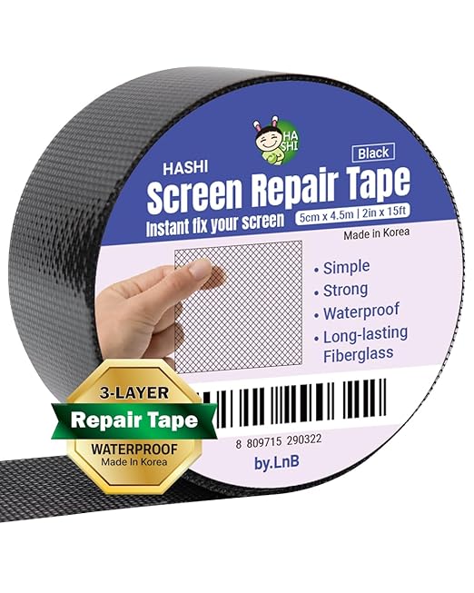 HA SHI Screen Repair Kit for Windows or Doors (4" x 15FT, Black) 3-Layer Strong Adhesive Tape, Made in Korea, Ease-Installation Fiberglass Covering Mesh