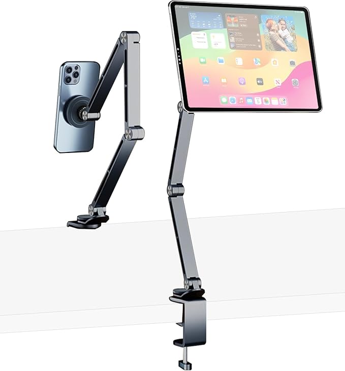 HIBORI iPad Mount for Desk Aluminum Alloy Tablet Stand Foldable Overhead Arm Holder Mount Fits for 4.7-15.6" Screen Phone,Kindle,Fire HD,Monitor,iPad