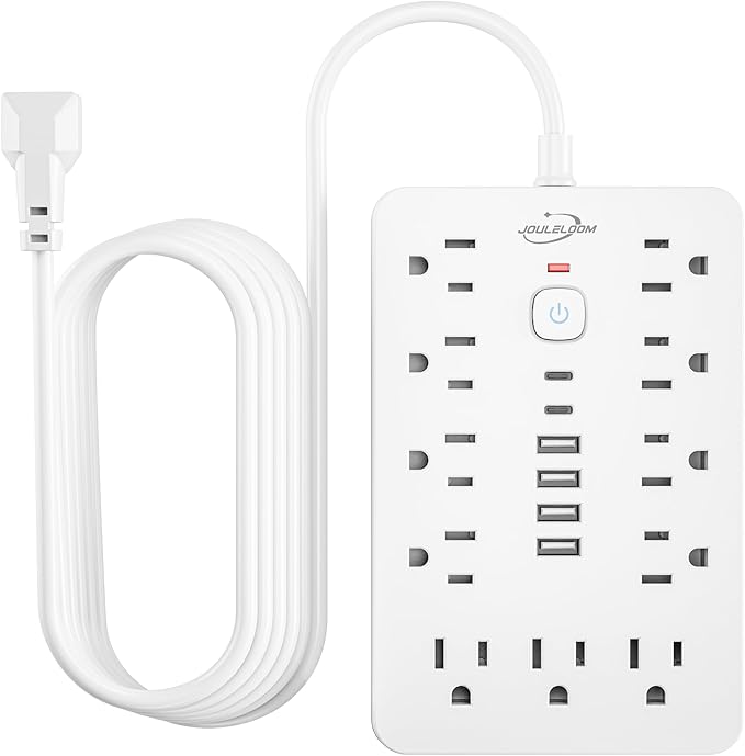 JouleLoom 10 FT Flat Plug Power Strip,11 Multiple AC Outlets with 6 USB Ports (2 USB C), 6 Feet Extension Cord, 1250W/10A, One Touch Switch Button, White