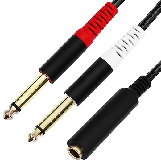 JOMLEY 3.5mm to 1/4 Adapter Cable, 3.5mm TRS Female to Dual 1/4 inch TS Male Y Splitter Cable Adapter, Mini Jack Stereo to 2 Quarter inch Mono Insert Cable - 1 ft