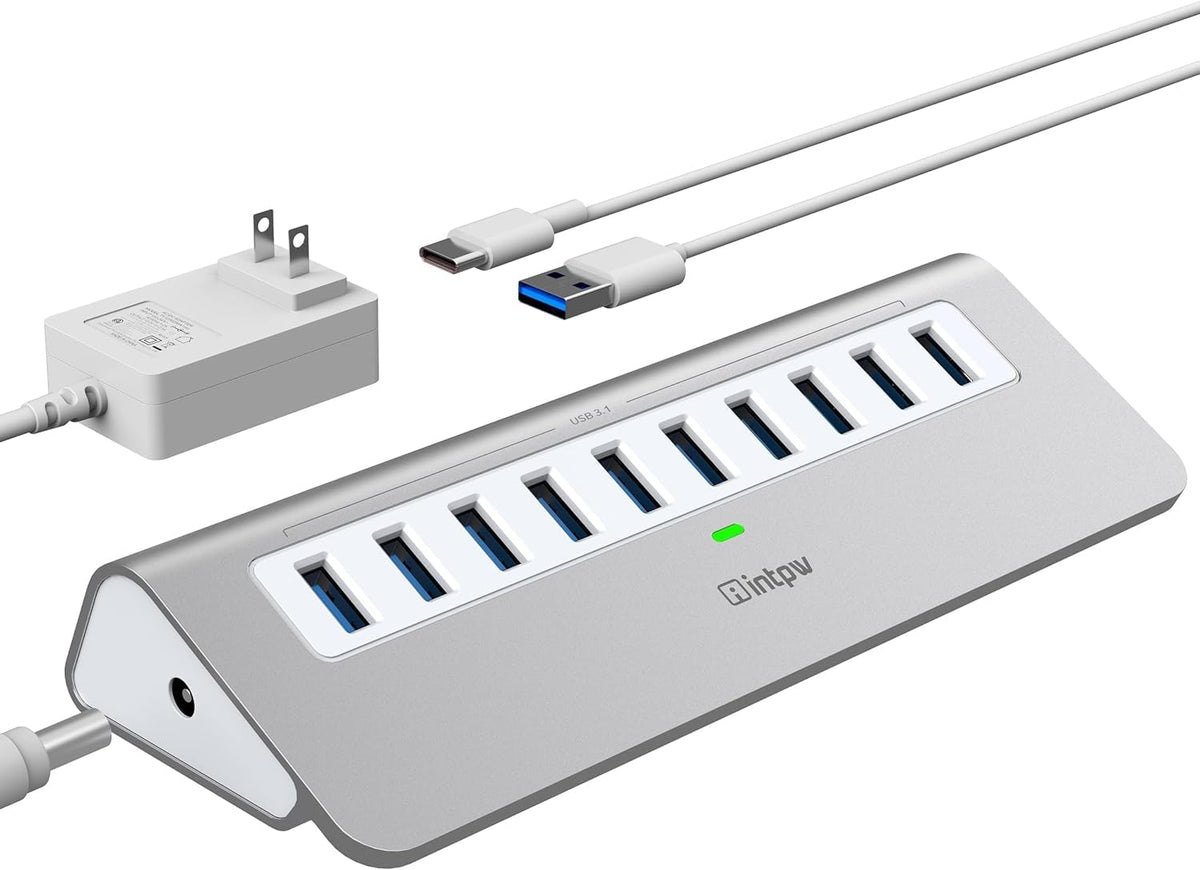 Powered USB Hub 10Gbps, intpw USB Port Hub with 10 Port USB 3.1 Data, 36W Power Adapter, 3.3FT USB-A & USB-C Cables, Aluminum USB Hub for PC, Laptop, Mac, Desktop