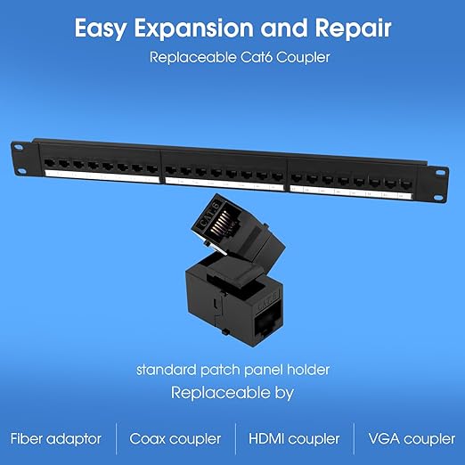 24 Port Keystone Patch Panel, 1U 19-inch RJ45 Network Patch Panel with Back Bar, Loaded with 24 Cat6 Couplers (Black)